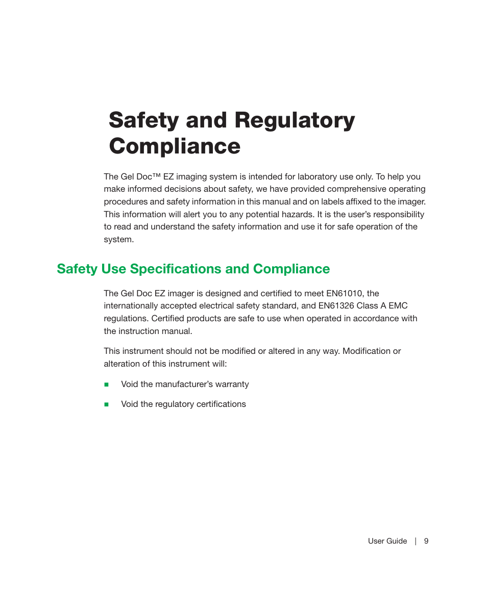 Safety and regulatory compliance, Safety use specifications and compliance | Bio-Rad Image Lab™ Software User Manual | Page 9 / 212