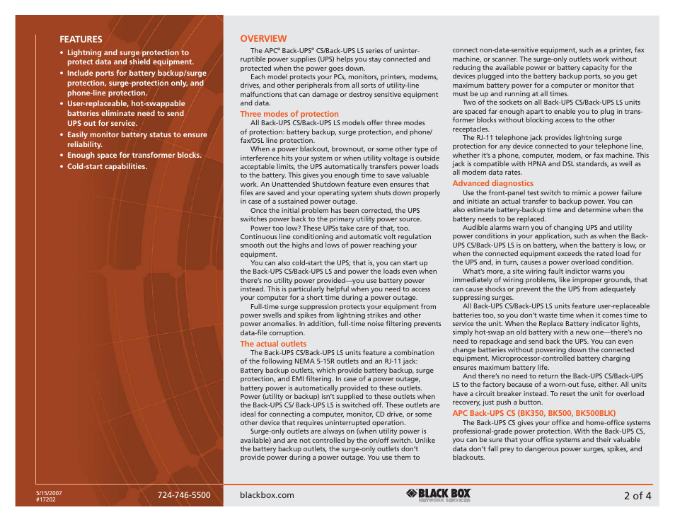 2 of 4, Features, Overview | Black Box APC LS User Manual | Page 2 / 4
