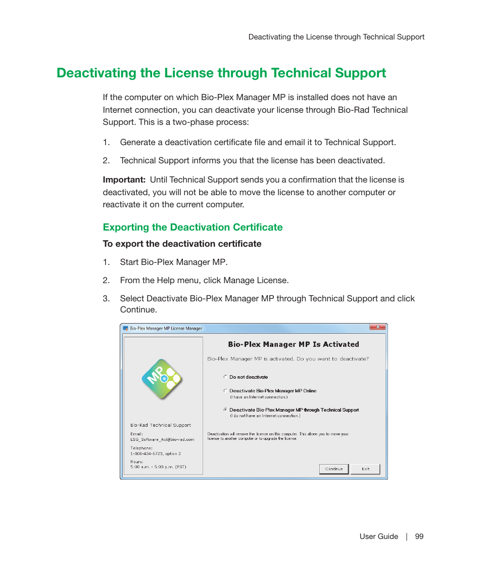 Deactivating the license through technical support, Exporting the deactivation certificate | Bio-Rad Bio-Plex Manager™ MP Software Upgrade User Manual | Page 101 / 118