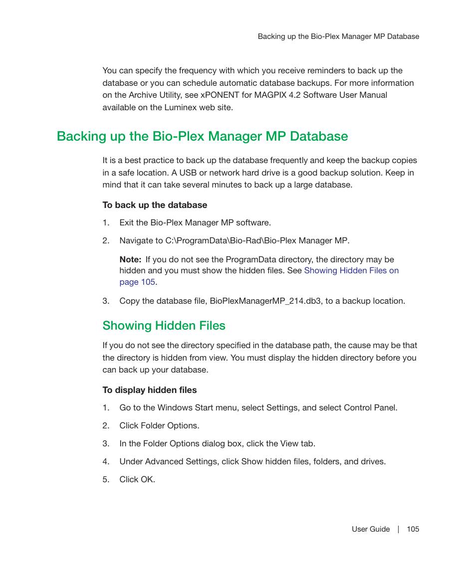 Backing up the bio-plex manager mp database, Showing hidden files, Backing up the bio-plex | Manager, Mp database | Bio-Rad Bio-Plex Manager™ MP Software Upgrade User Manual | Page 107 / 118