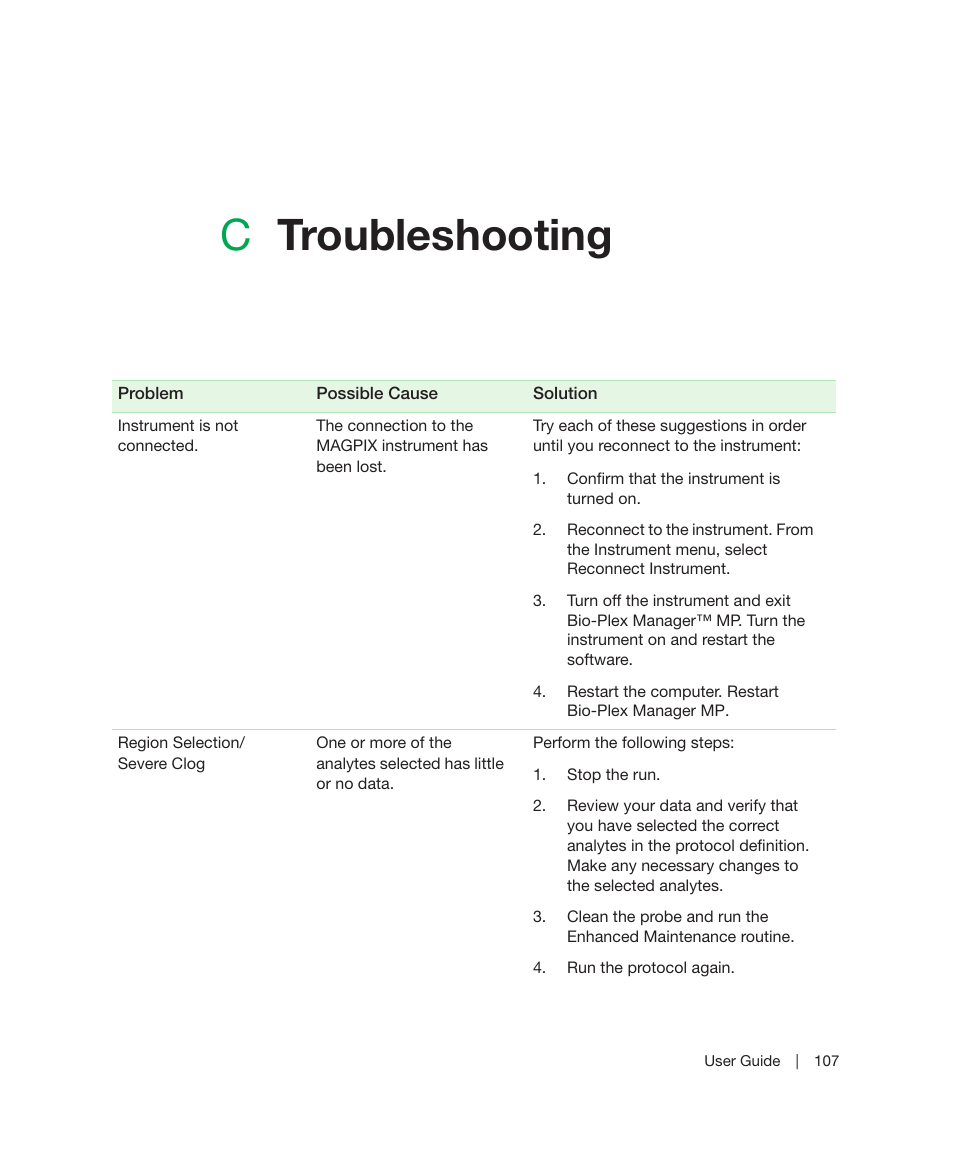 C troubleshooting, Appendix c, Troubleshooting | Ctroubleshooting | Bio-Rad Bio-Plex Manager™ MP Software Upgrade User Manual | Page 109 / 118