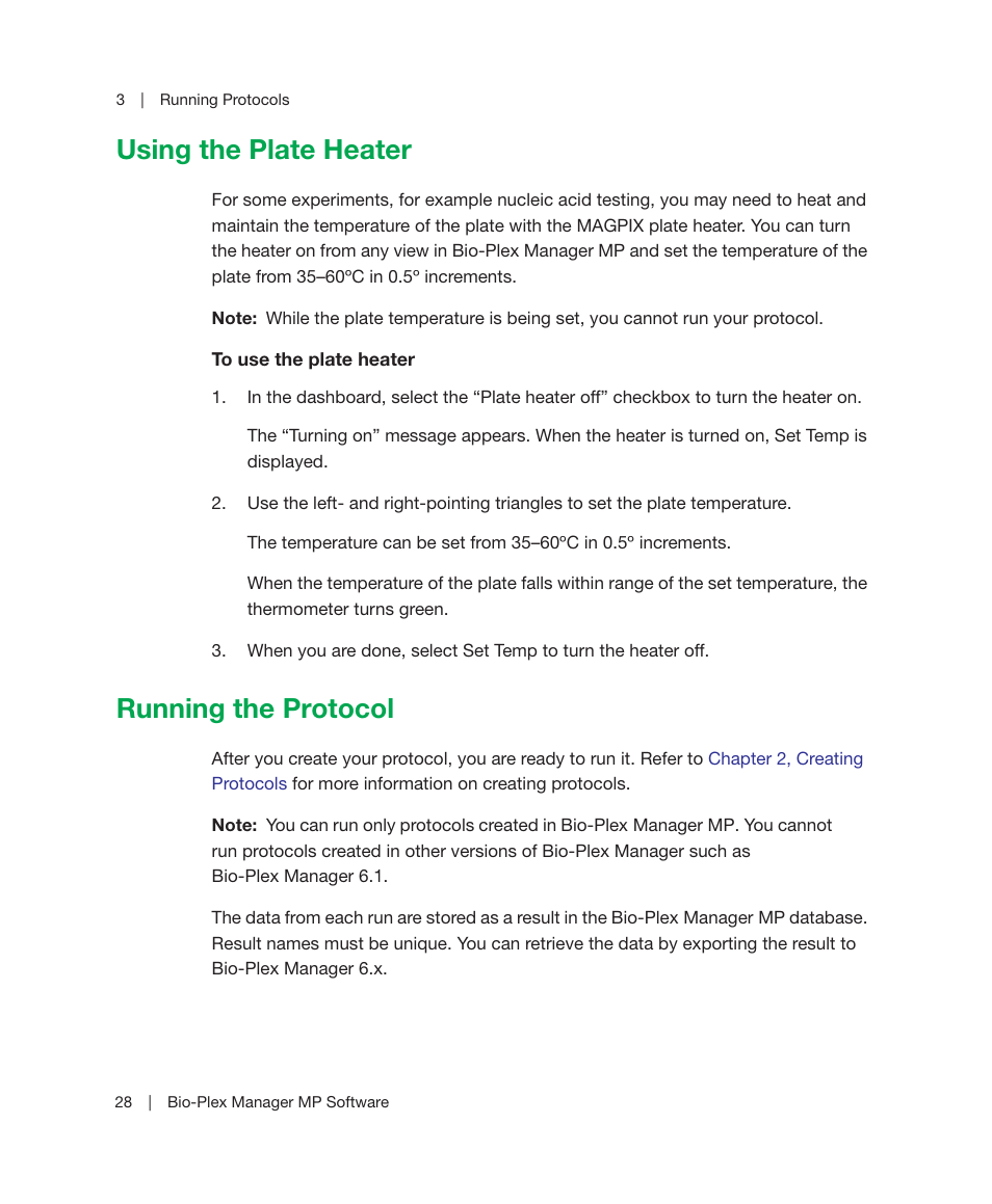 Using the plate heater, Running the protocol, Using the plate heater running the protocol | For mor | Bio-Rad Bio-Plex Manager™ MP Software Upgrade User Manual | Page 30 / 118