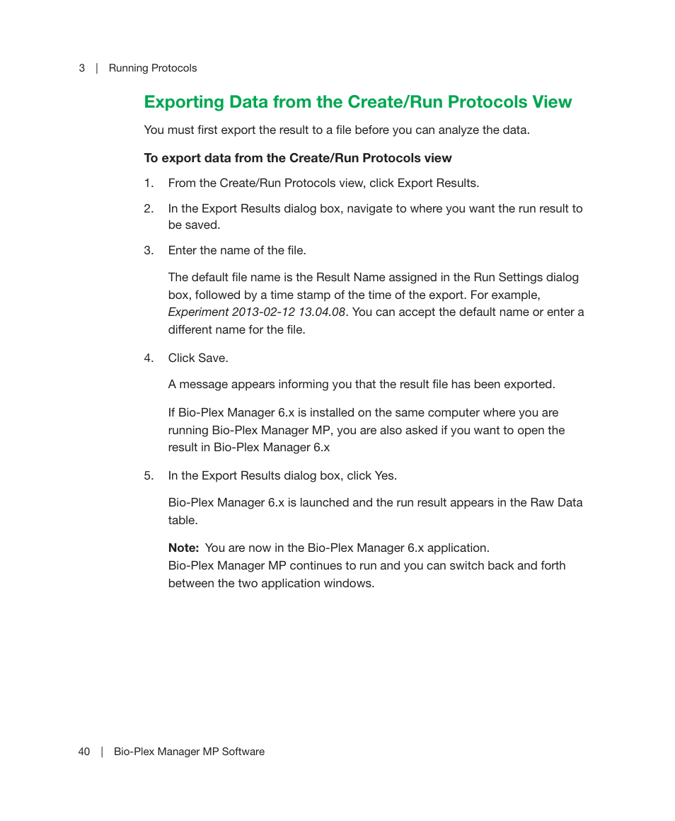 Exporting data from the create/run protocols view, Exporting data from the | Bio-Rad Bio-Plex Manager™ MP Software Upgrade User Manual | Page 42 / 118