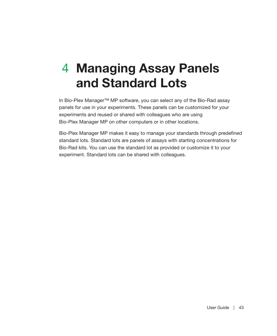 4 managing assay panels and standard lots, Chapter 4, Managing assay panels and standard lots | 4managing assay panels and standard lots | Bio-Rad Bio-Plex Manager™ MP Software Upgrade User Manual | Page 45 / 118