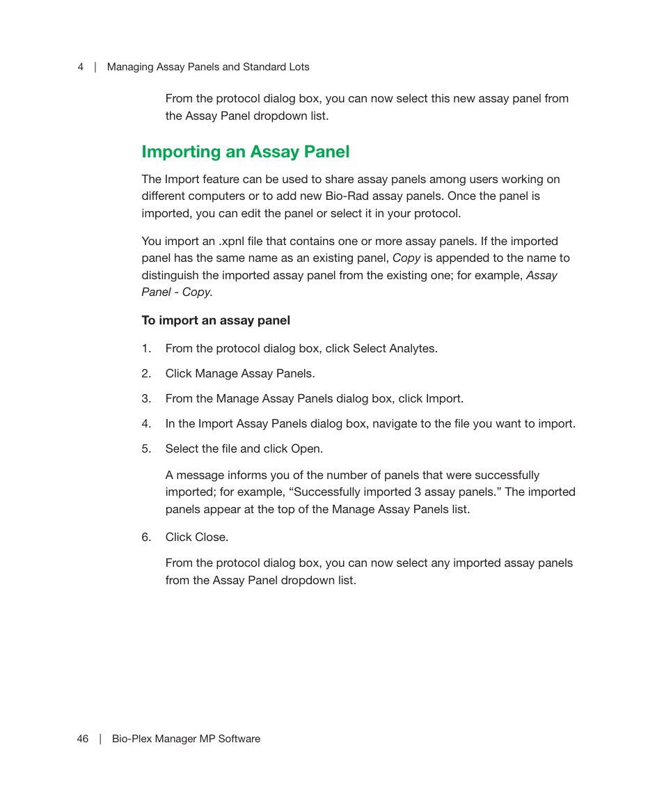 Importing an assay panel | Bio-Rad Bio-Plex Manager™ MP Software Upgrade User Manual | Page 48 / 118