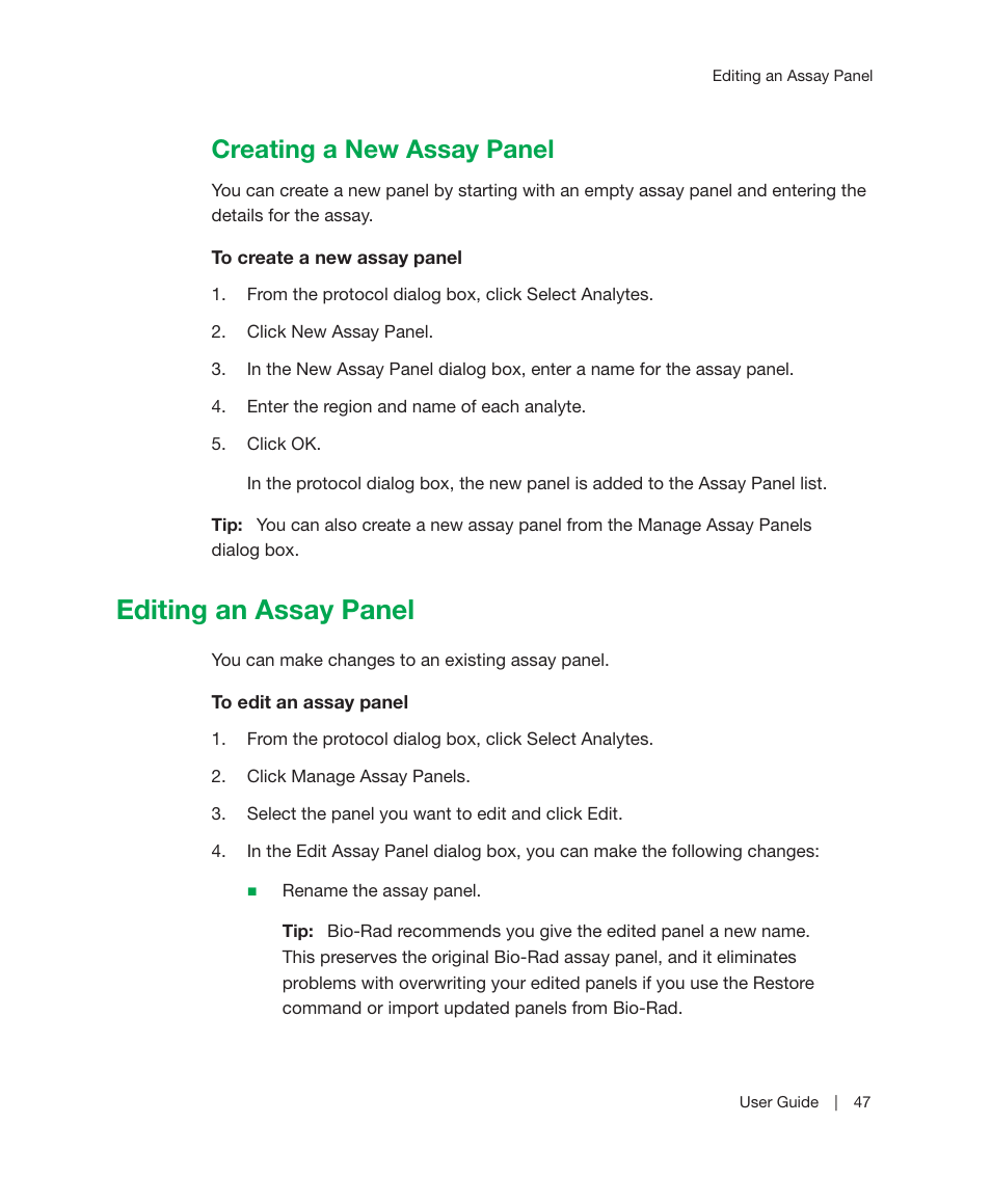 Creating a new assay panel, Editing an assay panel, Assay panel, see | Bio-Rad Bio-Plex Manager™ MP Software Upgrade User Manual | Page 49 / 118