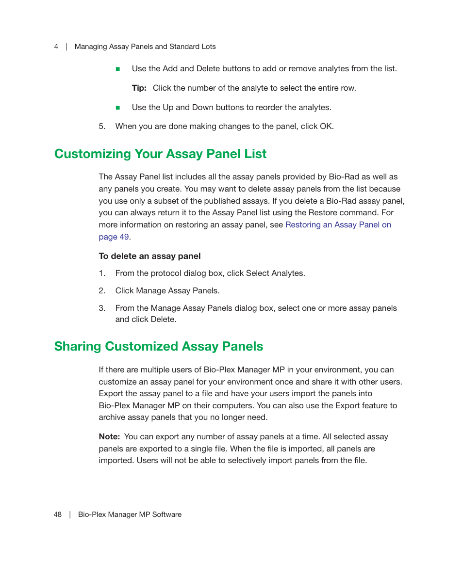 Customizing your assay panel list, Sharing customized assay panels | Bio-Rad Bio-Plex Manager™ MP Software Upgrade User Manual | Page 50 / 118