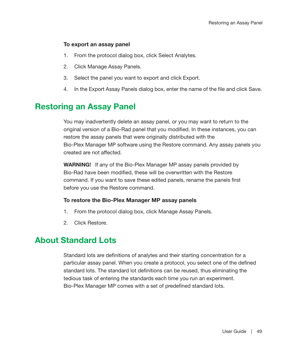 Restoring an assay panel, About standard lots, Restoring an assay panel about standard lots | Restoring an assay panel on | Bio-Rad Bio-Plex Manager™ MP Software Upgrade User Manual | Page 51 / 118