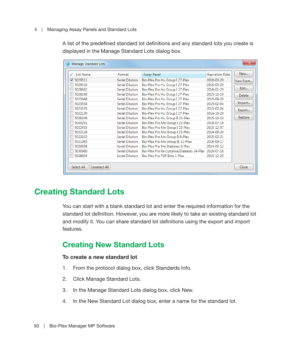 Creating standard lots, Creating new standard lots, Creating new standard | D lots, see | Bio-Rad Bio-Plex Manager™ MP Software Upgrade User Manual | Page 52 / 118