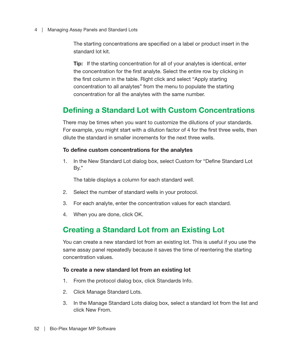 Defining a standard lot with custom concentrations, Creating a standard lot from an existing lot, Defining a standard lot with custom | Bio-Rad Bio-Plex Manager™ MP Software Upgrade User Manual | Page 54 / 118