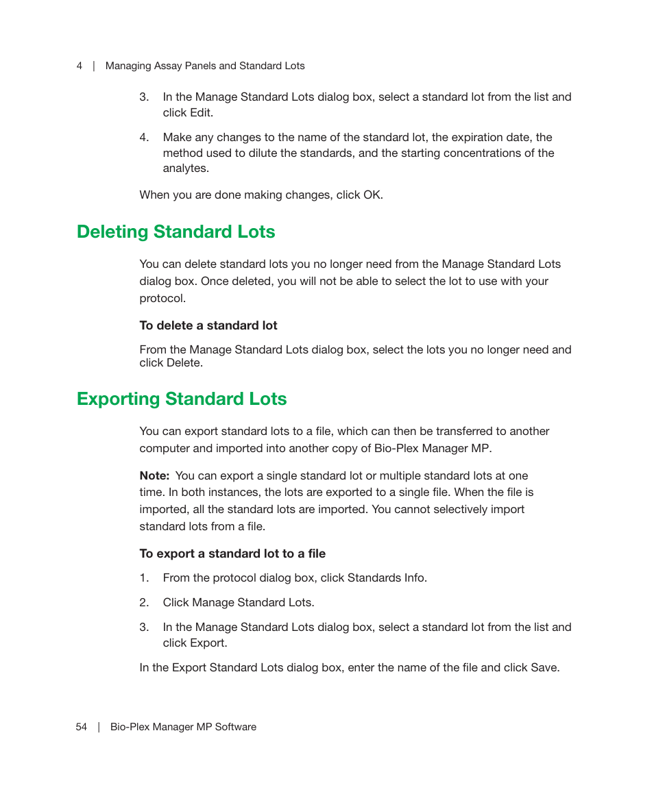 Deleting standard lots, Exporting standard lots, Deleting standard lots exporting standard lots | Bio-Rad Bio-Plex Manager™ MP Software Upgrade User Manual | Page 56 / 118