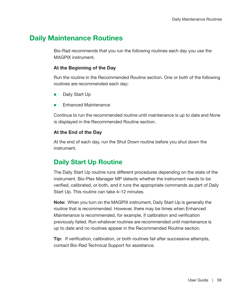 Daily maintenance routines, Daily start up routine | Bio-Rad Bio-Plex Manager™ MP Software Upgrade User Manual | Page 61 / 118