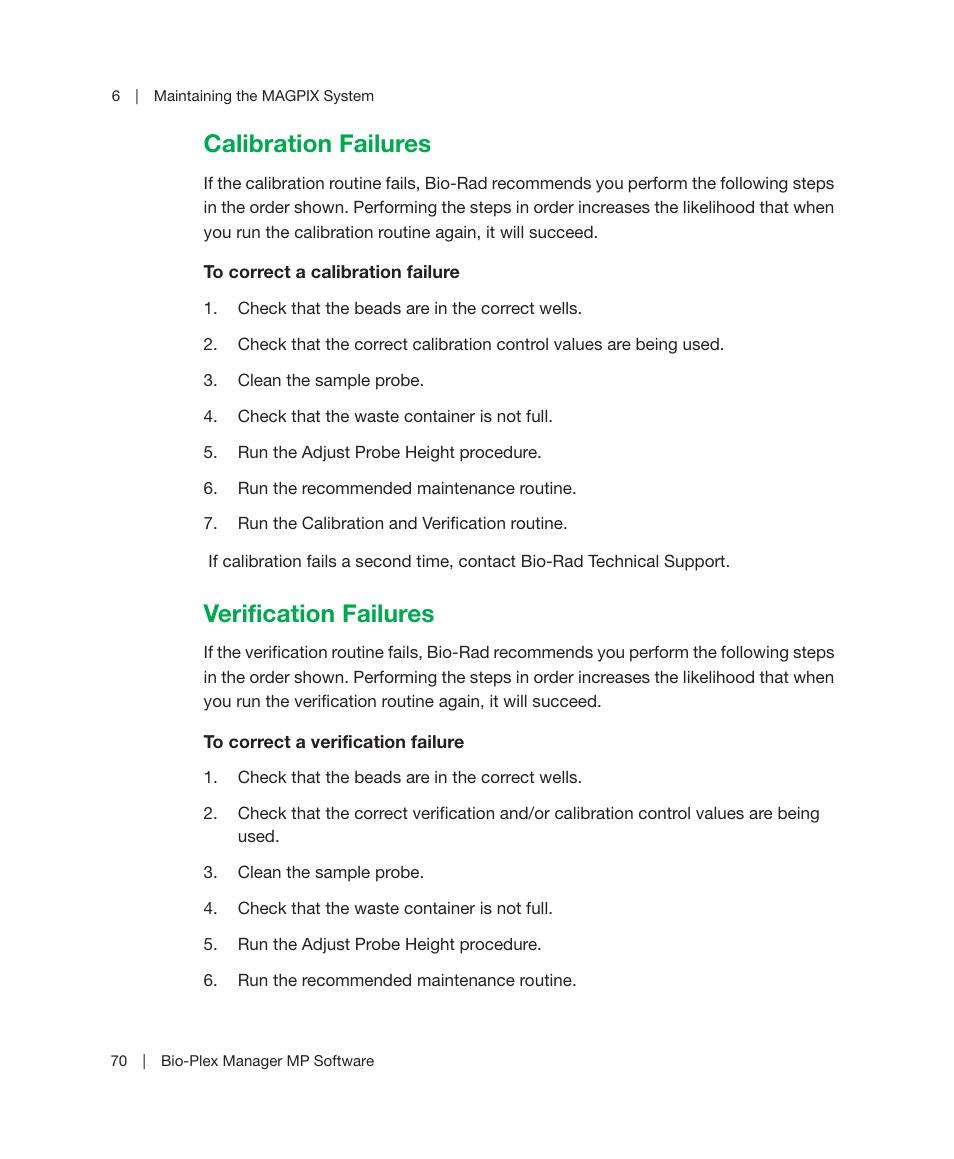 Calibration failures, Verification failures, Calibration failures verification failures | Bio-Rad Bio-Plex Manager™ MP Software Upgrade User Manual | Page 72 / 118
