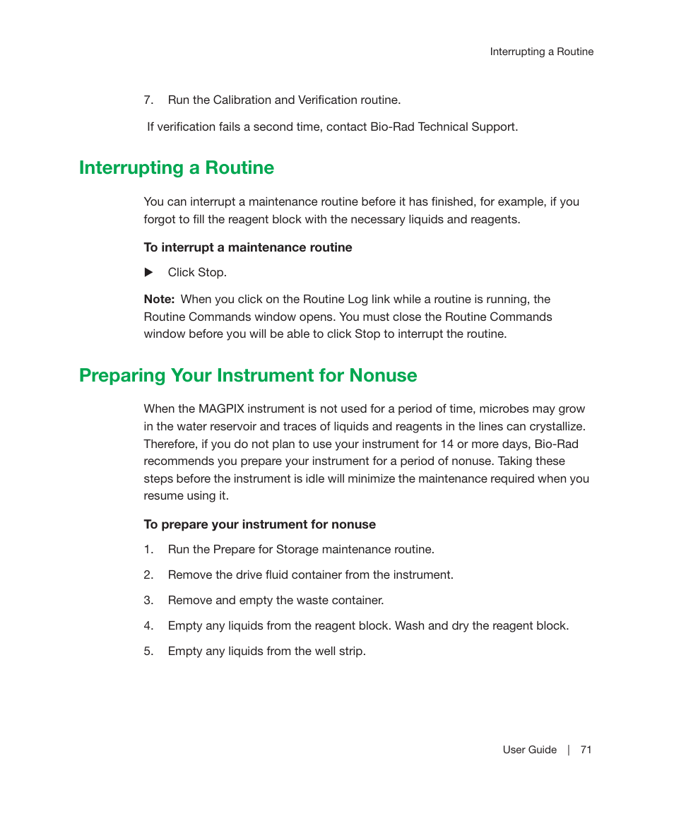 Interrupting a routine, Preparing your instrument for nonuse | Bio-Rad Bio-Plex Manager™ MP Software Upgrade User Manual | Page 73 / 118