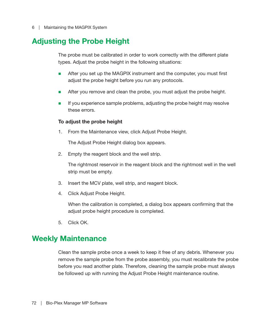Adjusting the probe height, Weekly maintenance, Adjusting the probe height weekly maintenance | Bio-Rad Bio-Plex Manager™ MP Software Upgrade User Manual | Page 74 / 118