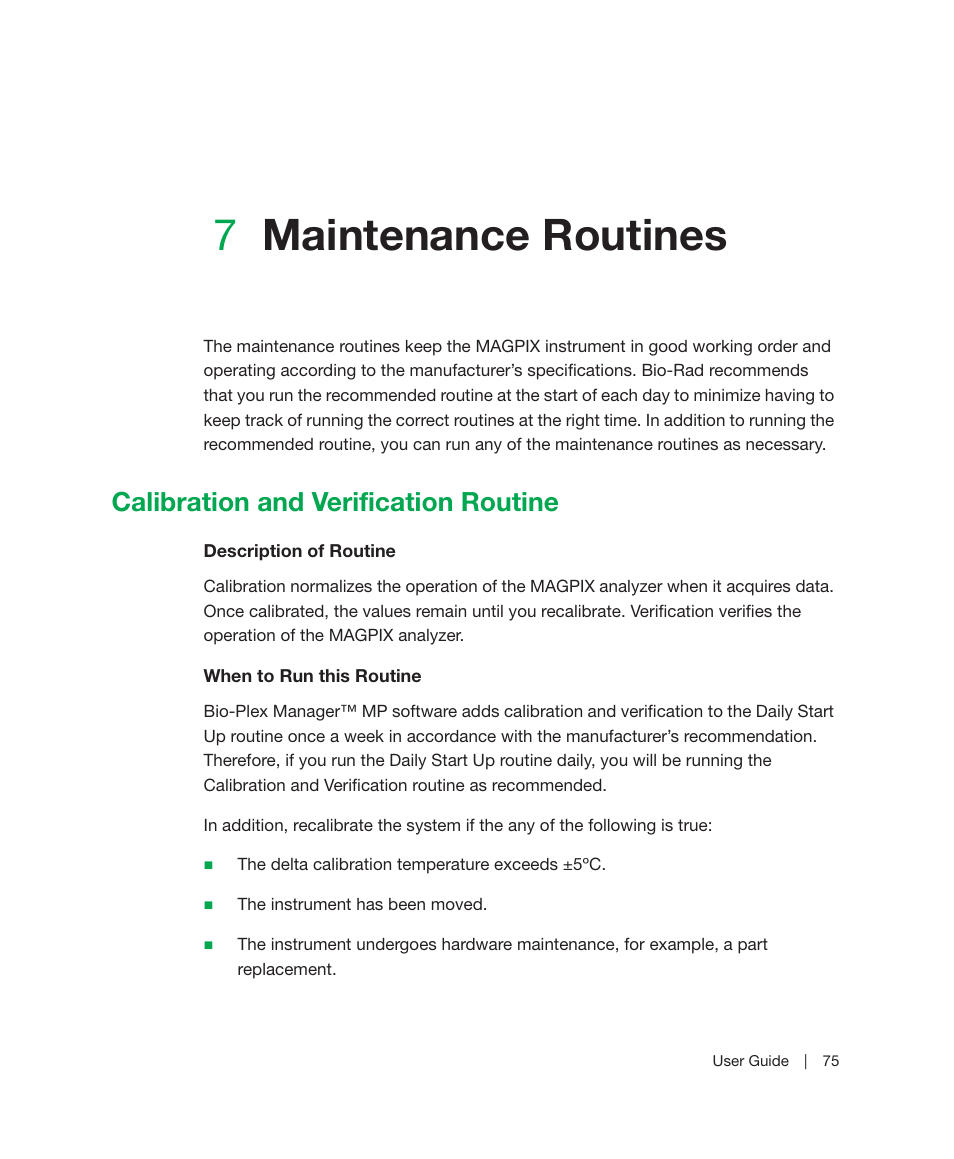 7 maintenance routines, Calibration and verification routine, Chapter 7 | Maintenance routines, 7maintenance routines | Bio-Rad Bio-Plex Manager™ MP Software Upgrade User Manual | Page 77 / 118