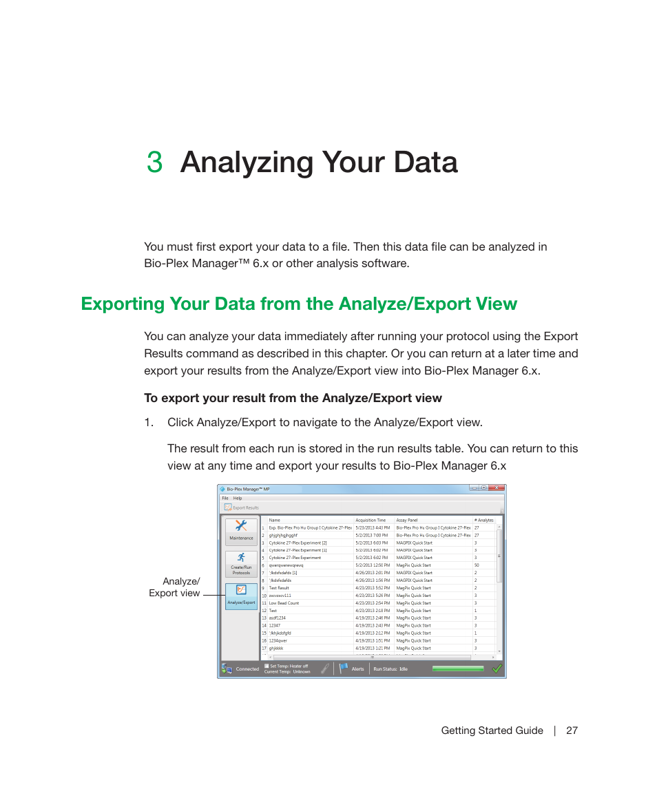 3 analyzing your data, Exporting your data from the analyze/export view, Chapter 3 | Analyzing your data, 3analyzing your data | Bio-Rad Bio-Plex Manager™ MP Software Upgrade User Manual | Page 29 / 48