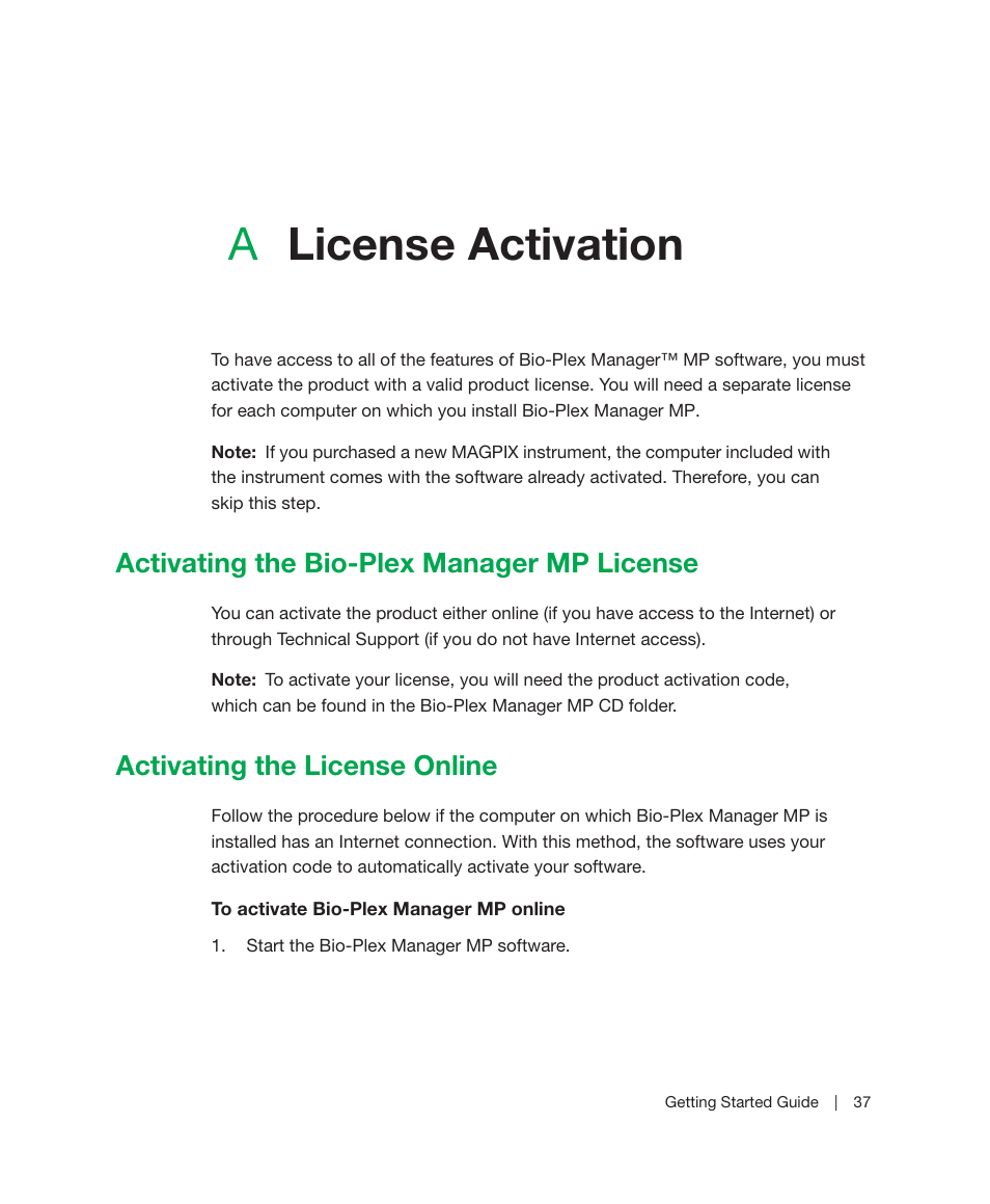 A license activation, Activating the bio-plex manager mp license, Activating the license online | Appendix a, License activation, Activating the bio-plex, Manager, Mp license, Alicense activation | Bio-Rad Bio-Plex Manager™ MP Software Upgrade User Manual | Page 39 / 48