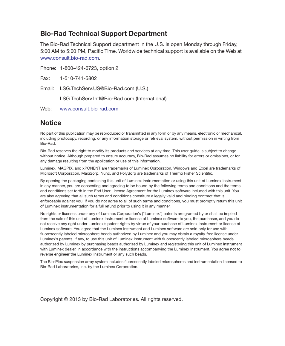 Bio-rad technical support department, Notice | Bio-Rad Bio-Plex Manager™ MP Software Upgrade User Manual | Page 4 / 48