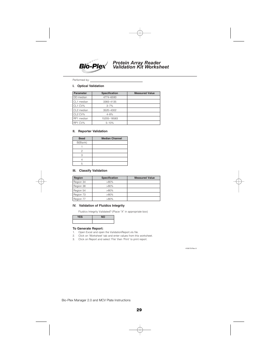 Protein array reader validation kit worksheet | Bio-Rad Bio-Plex System Validation and Calibration Tools User Manual | Page 32 / 36