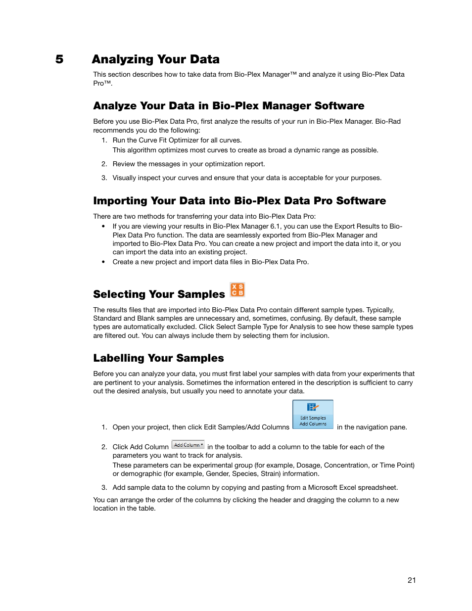 5analyzing your data, Analyze your data in bio-plex manager software, Selecting your samples | Labelling your samples | Bio-Rad Bio-Plex Data Pro™ Software User Manual | Page 21 / 36