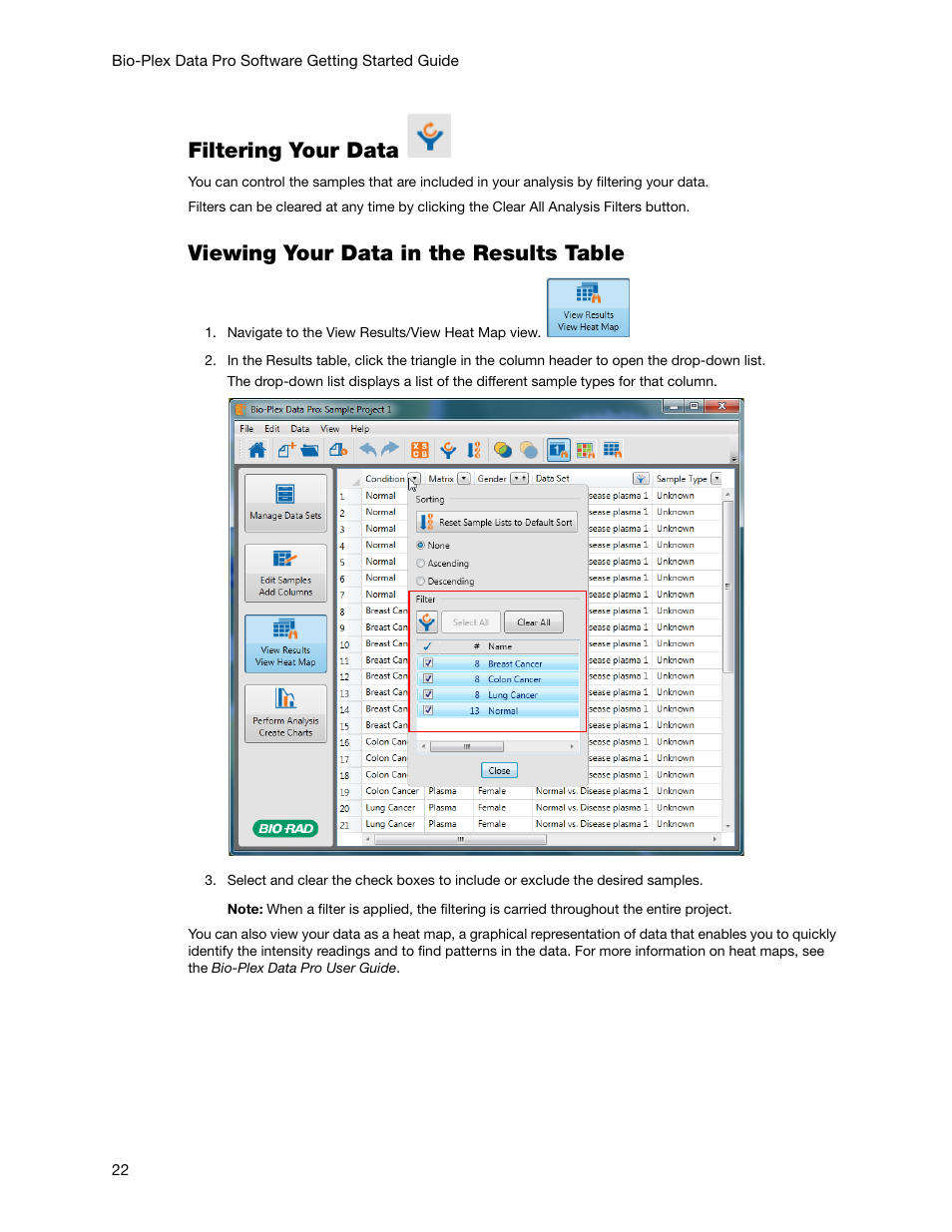 Filtering your data, Viewing your data in the results table | Bio-Rad Bio-Plex Data Pro™ Software User Manual | Page 22 / 36