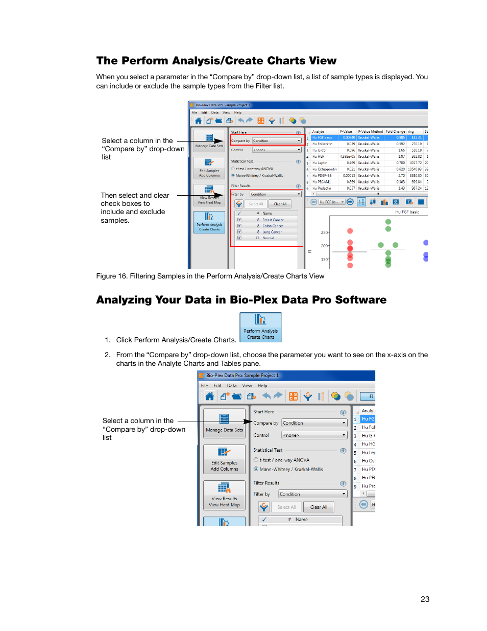 The perform analysis/create charts view, Analyzing your data in bio-plex data pro software | Bio-Rad Bio-Plex Data Pro™ Software User Manual | Page 23 / 36