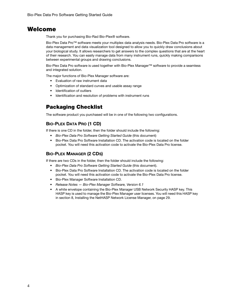 Welcome, Packaging checklist | Bio-Rad Bio-Plex Data Pro™ Software User Manual | Page 4 / 36