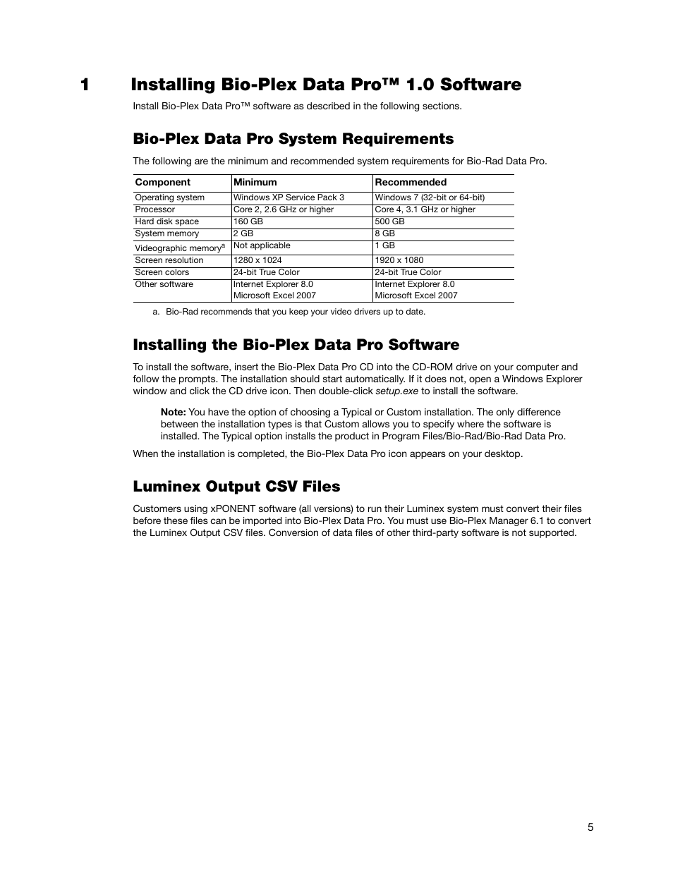 1installing bio-plex data pro™ 1.0 software, Bio-plex data pro system requirements, Installing the bio-plex data pro software | Luminex output csv files | Bio-Rad Bio-Plex Data Pro™ Software User Manual | Page 5 / 36