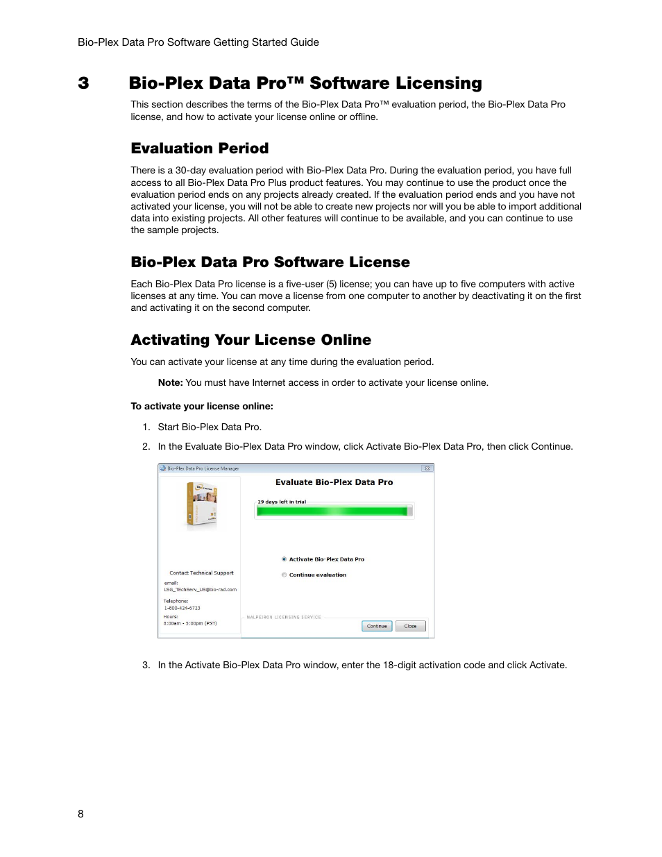 3bio-plex data pro™ software licensing, Evaluation period, Bio-plex data pro software license | Activating your license online | Bio-Rad Bio-Plex Data Pro™ Software User Manual | Page 8 / 36