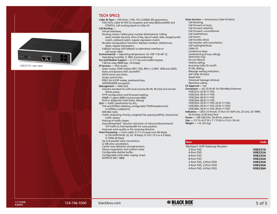 5 of 5, Tech specs | Black Box Multiport Analog VoIP Gateway Router VOE231A User Manual | Page 5 / 5