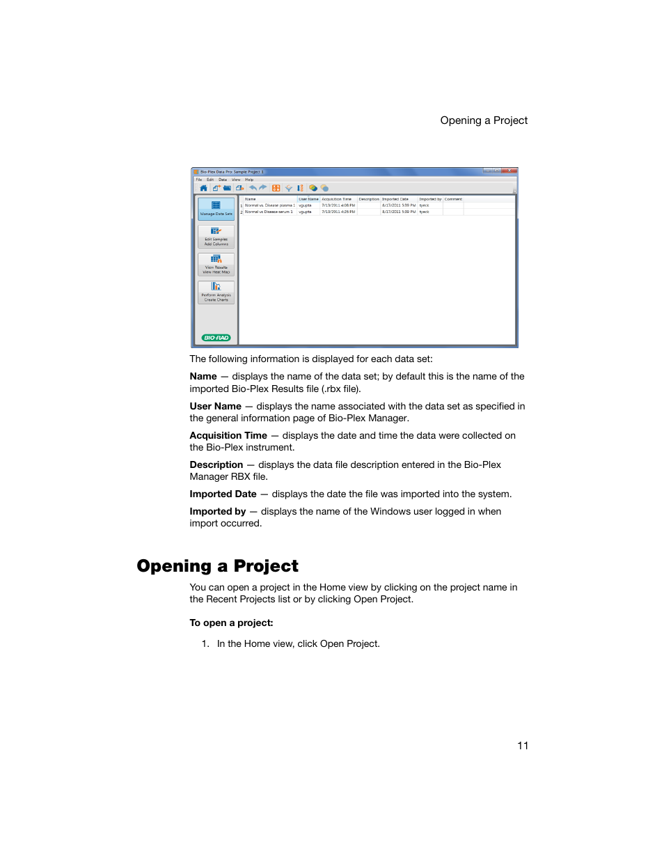 Opening a project | Bio-Rad Bio-Plex Data Pro™ Software User Manual | Page 15 / 74