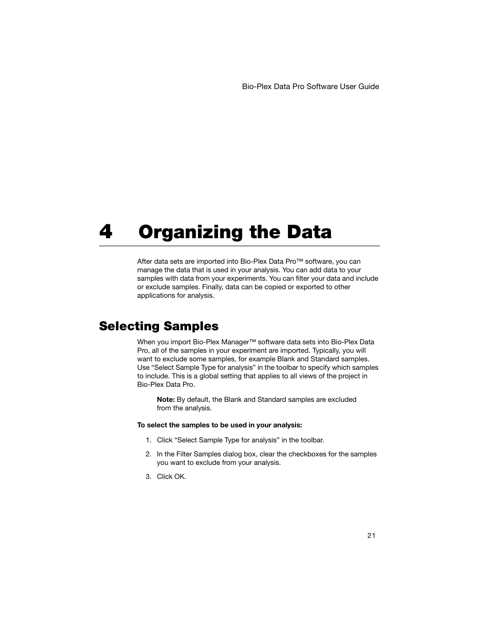 4 organizing the data, Selecting samples, Chapter 4. organizing the data | Organizing the data | Bio-Rad Bio-Plex Data Pro™ Software User Manual | Page 25 / 74