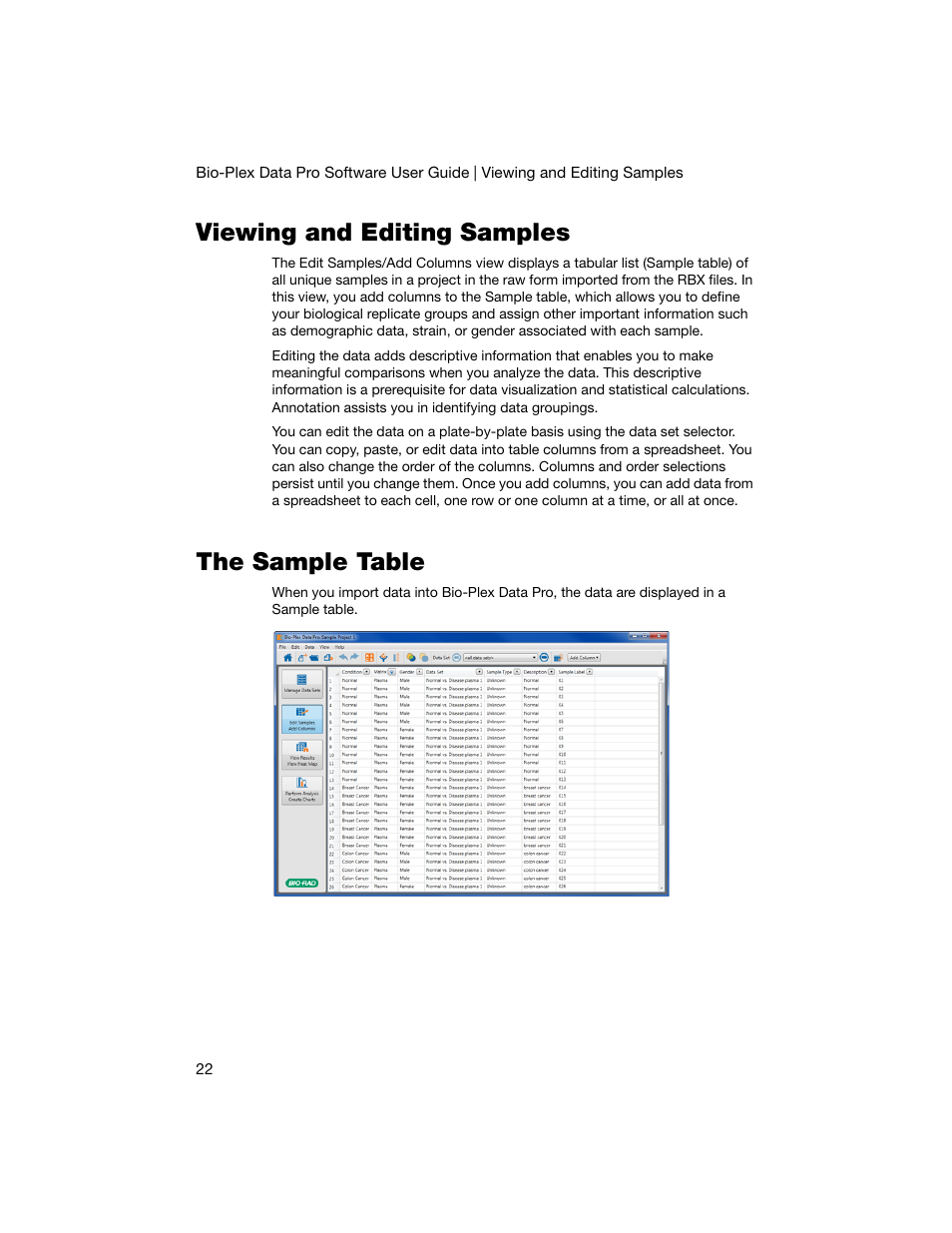 Viewing and editing samples, The sample table, Viewing and editing samples the sample table | Bio-Rad Bio-Plex Data Pro™ Software User Manual | Page 26 / 74