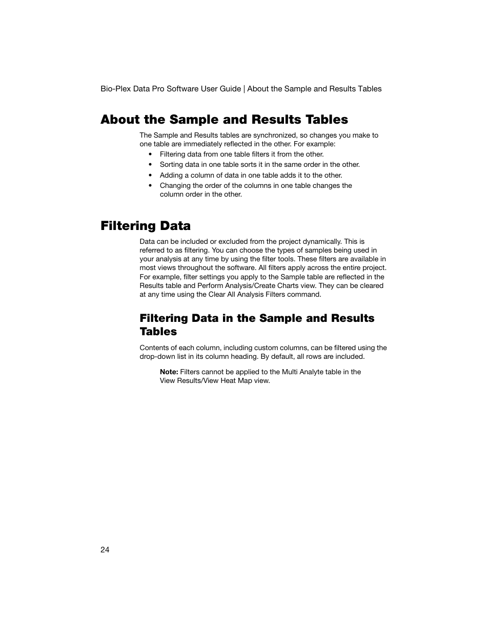 About the sample and results tables, Filtering data, Filtering data in the sample and results tables | About the sample and results tables filtering data | Bio-Rad Bio-Plex Data Pro™ Software User Manual | Page 28 / 74
