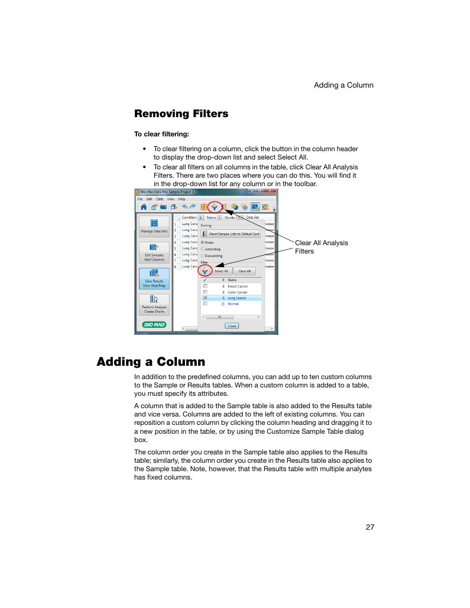 Removing filters, Adding a column | Bio-Rad Bio-Plex Data Pro™ Software User Manual | Page 31 / 74