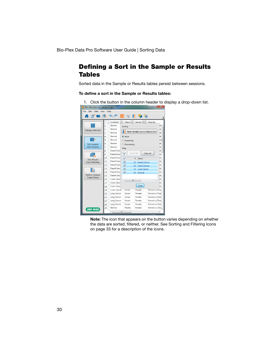 Defining a sort in the sample or results tables | Bio-Rad Bio-Plex Data Pro™ Software User Manual | Page 34 / 74