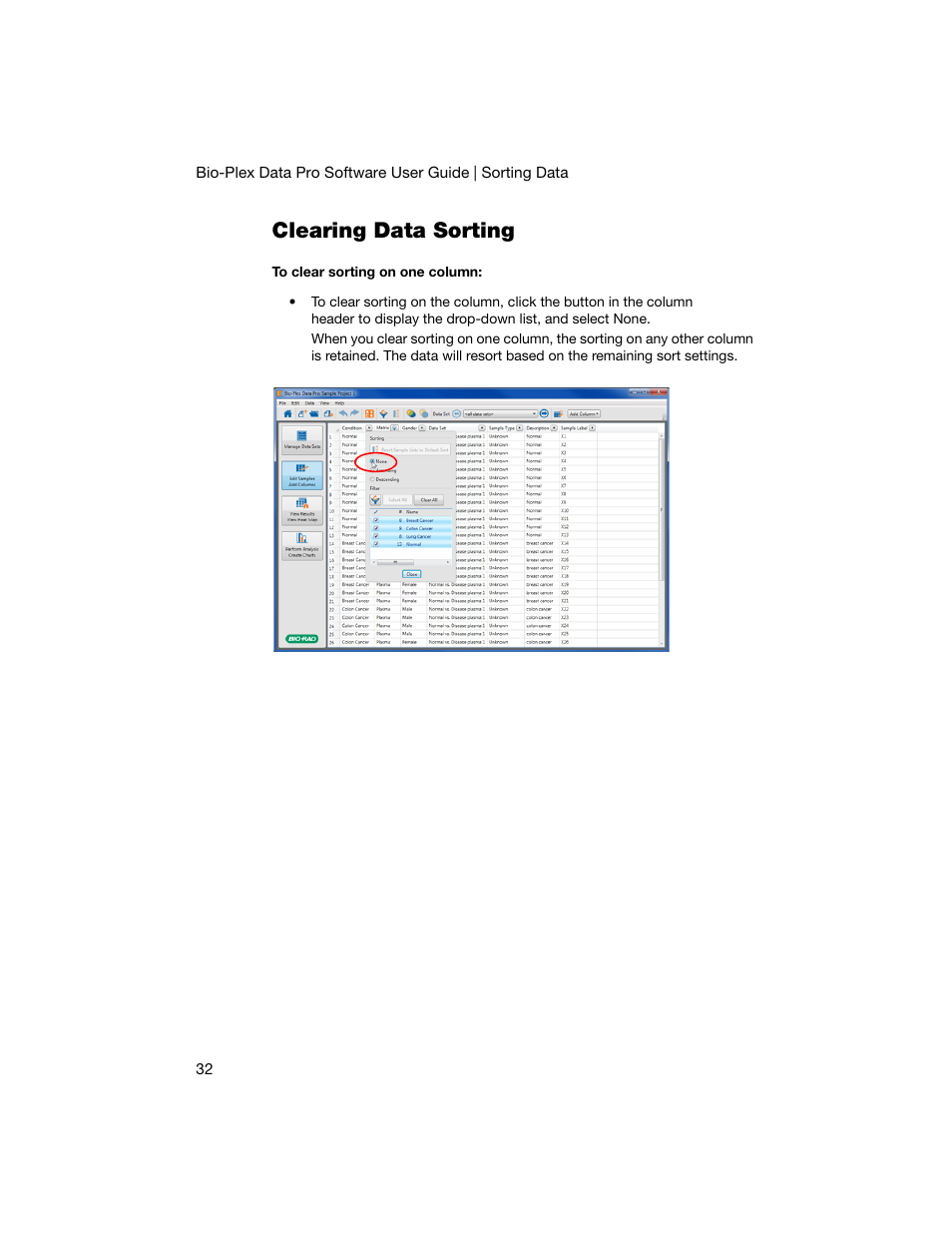 Clearing data sorting | Bio-Rad Bio-Plex Data Pro™ Software User Manual | Page 36 / 74