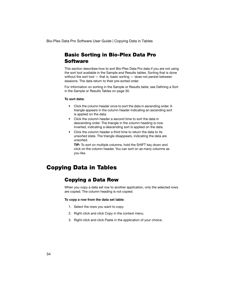 Basic sorting in bio-plex data pro software, Copying data in tables, Copying a data row | Bio-Rad Bio-Plex Data Pro™ Software User Manual | Page 38 / 74