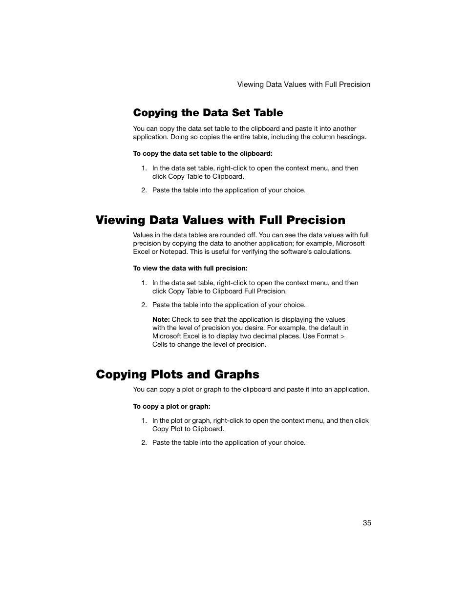 Copying the data set table, Viewing data values with full precision, Copying plots and graphs | Bio-Rad Bio-Plex Data Pro™ Software User Manual | Page 39 / 74