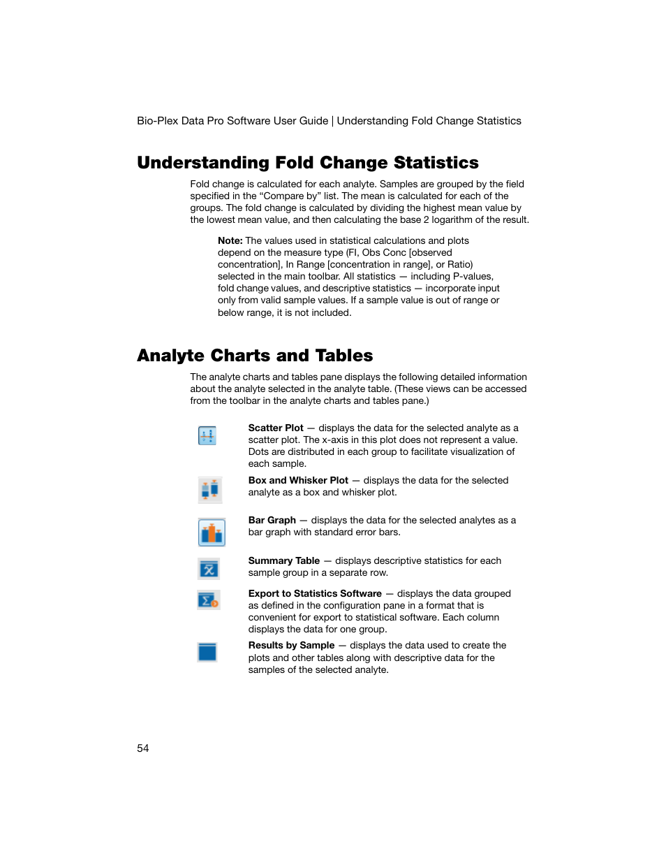 Understanding fold change statistics, Analyte charts and tables | Bio-Rad Bio-Plex Data Pro™ Software User Manual | Page 58 / 74