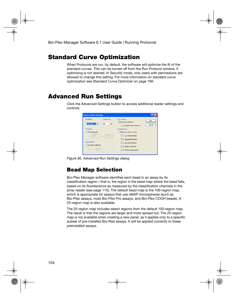 Standard curve optimization, Advanced run settings, Bead map selection | Standard curve optimization advanced run settings | Bio-Rad Bio-Plex Software® Upgrades and Conversions User Manual | Page 116 / 260