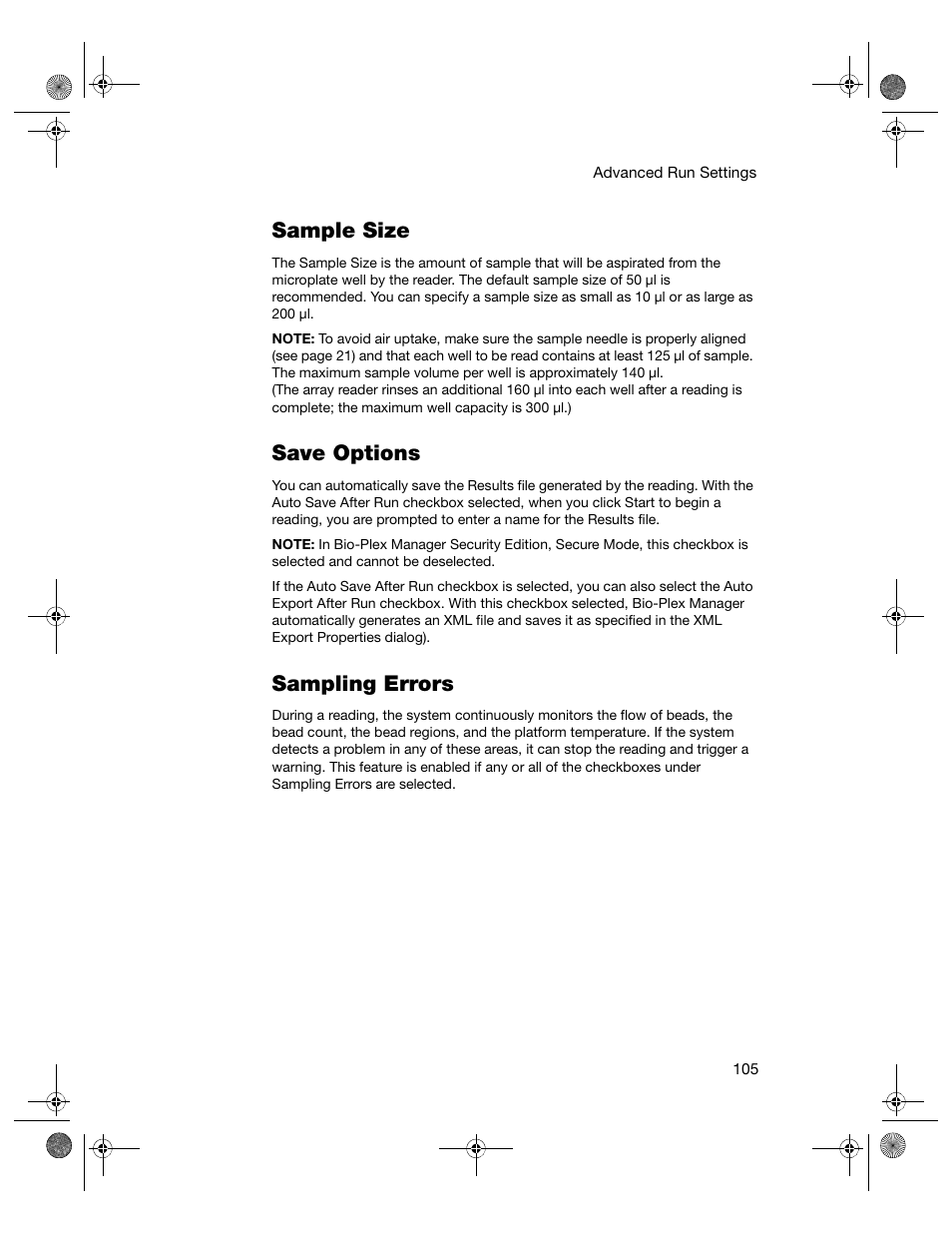 Sample size, Save options, Sampling errors | Sample size save options sampling errors | Bio-Rad Bio-Plex Software® Upgrades and Conversions User Manual | Page 117 / 260