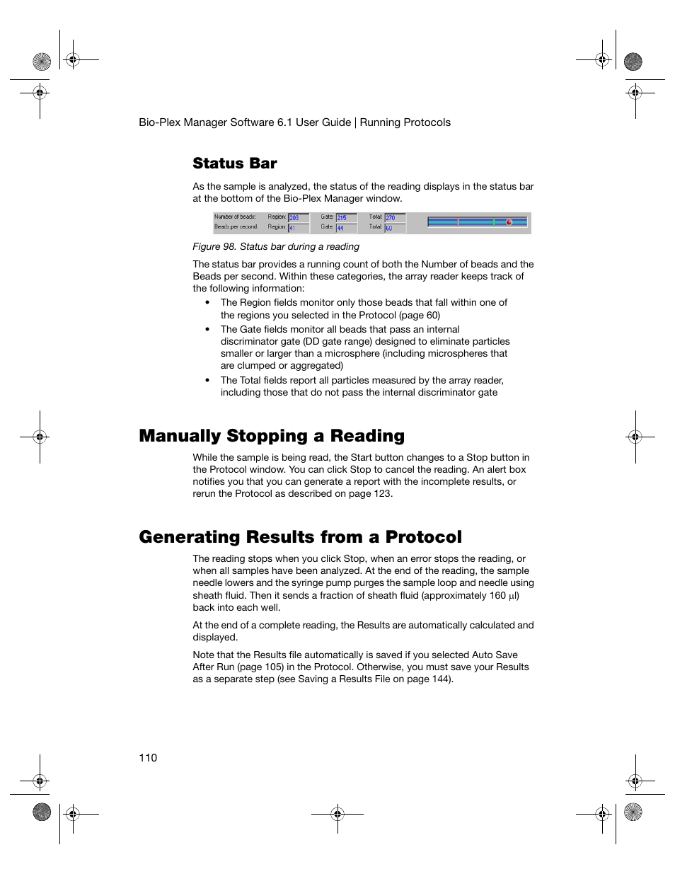 Status bar, Manually stopping a reading, Generating results from a protocol | Bio-Rad Bio-Plex Software® Upgrades and Conversions User Manual | Page 122 / 260
