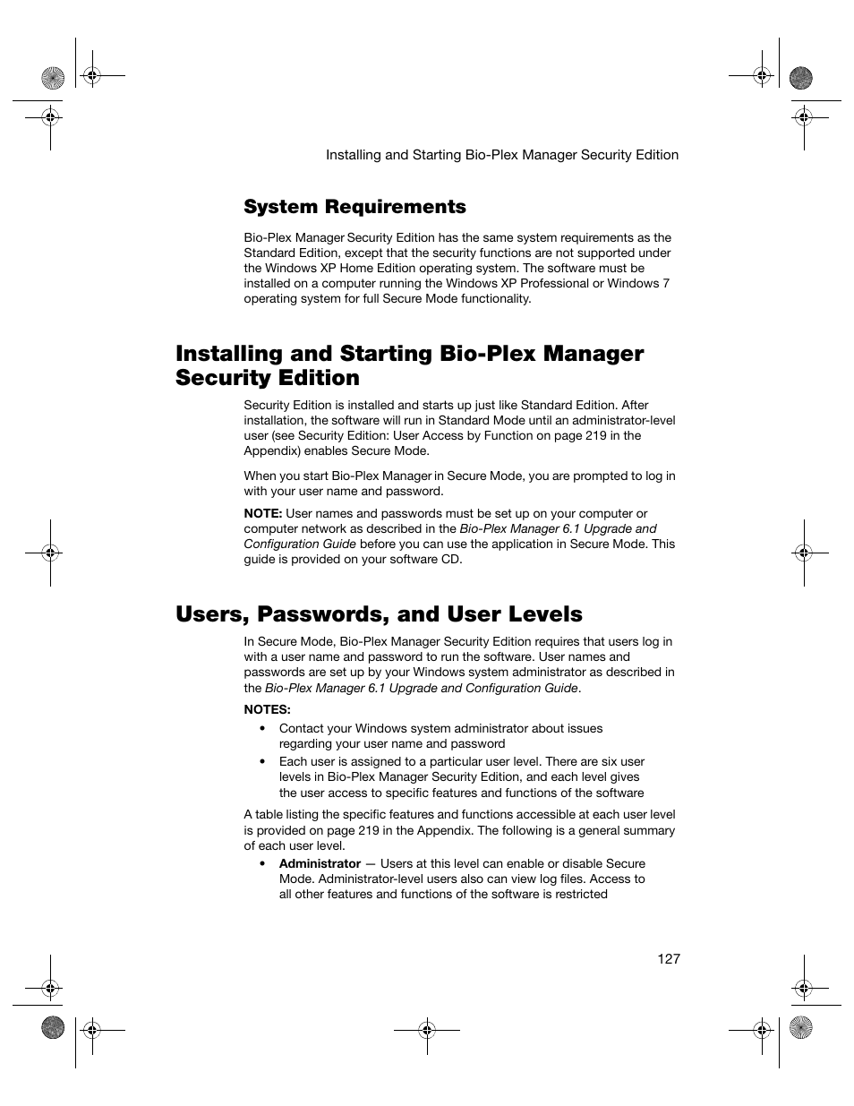 System requirements, Users, passwords, and user levels | Bio-Rad Bio-Plex Software® Upgrades and Conversions User Manual | Page 139 / 260
