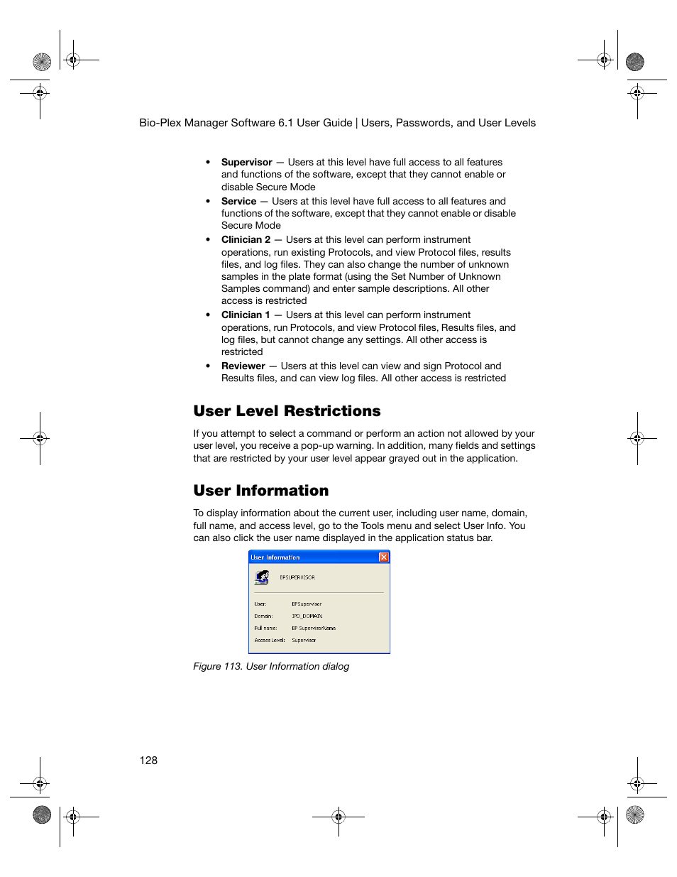 User level restrictions, User information, User level restrictions user information | Bio-Rad Bio-Plex Software® Upgrades and Conversions User Manual | Page 140 / 260
