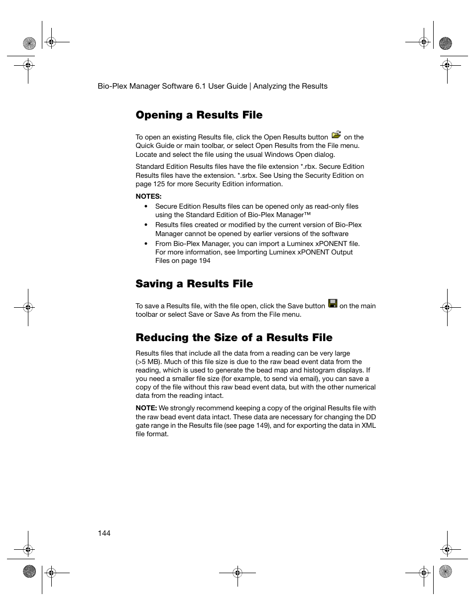 Opening a results file, Saving a results file, Reducing the size of a results file | Opening a results file saving a results file | Bio-Rad Bio-Plex Software® Upgrades and Conversions User Manual | Page 156 / 260