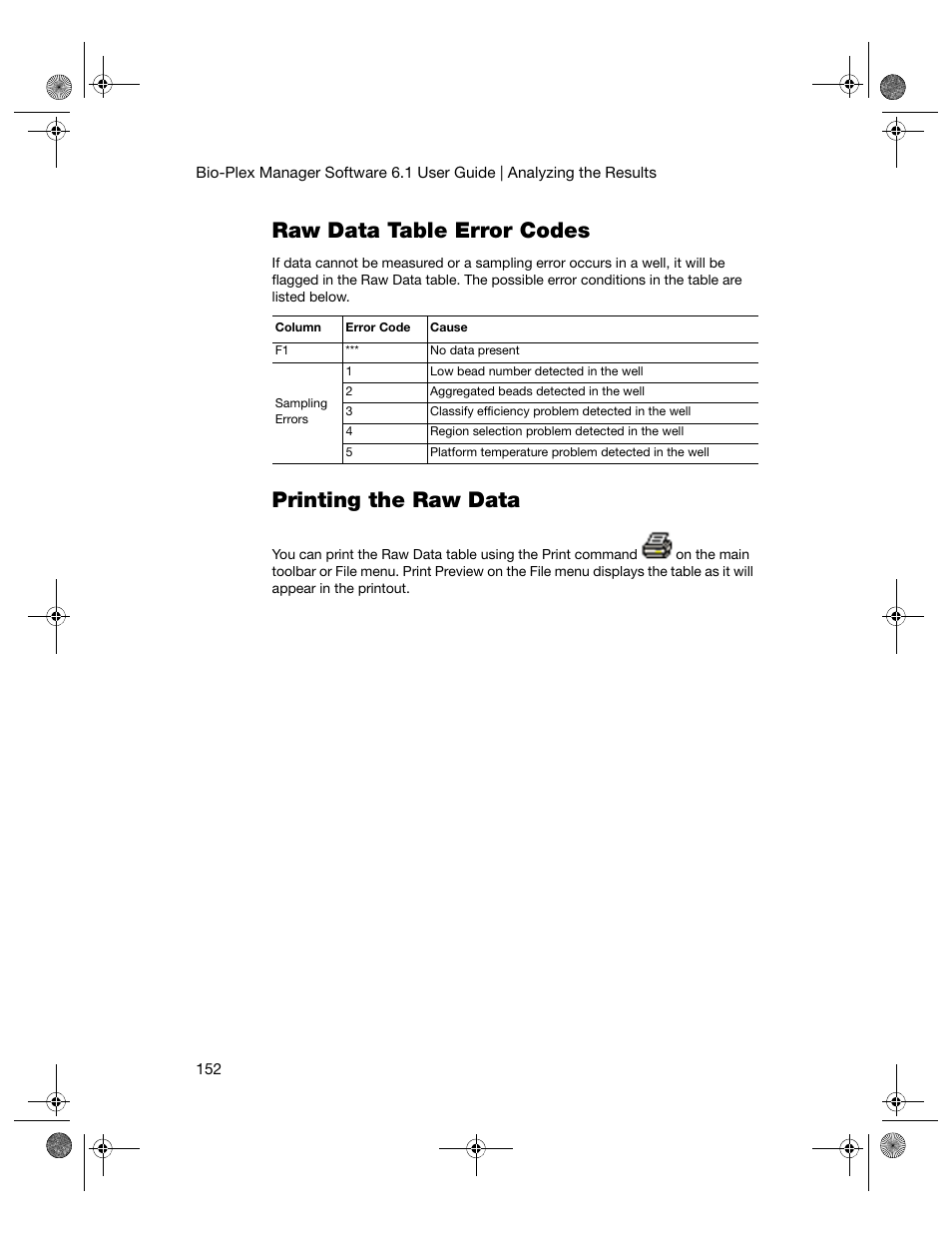 Raw data table error codes, Printing the raw data, Raw data table error codes printing the raw data | Bio-Rad Bio-Plex Software® Upgrades and Conversions User Manual | Page 164 / 260