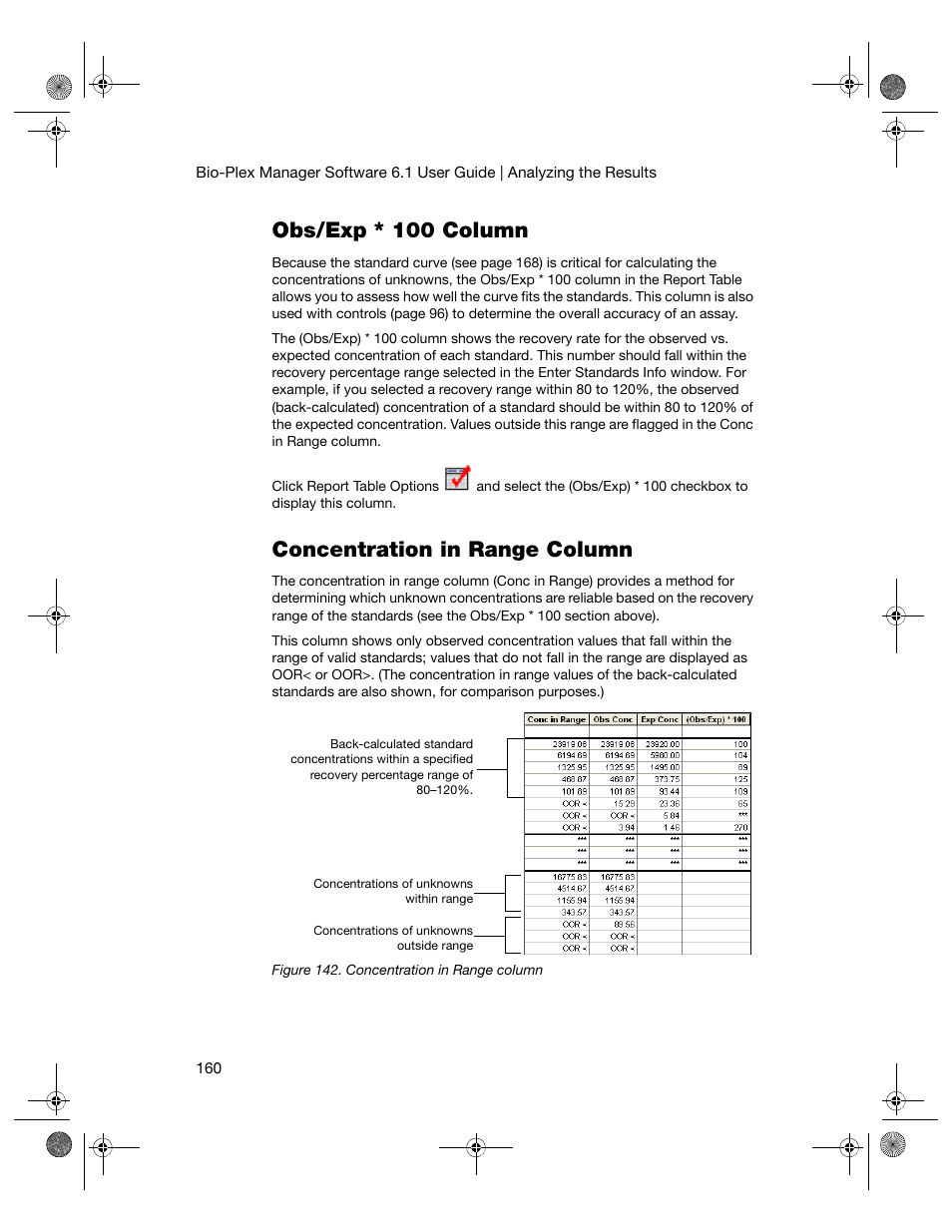 Obs/exp * 100 column, Concentration in range column, Obs/exp * 100 column concentration in range column | Bio-Rad Bio-Plex Software® Upgrades and Conversions User Manual | Page 172 / 260