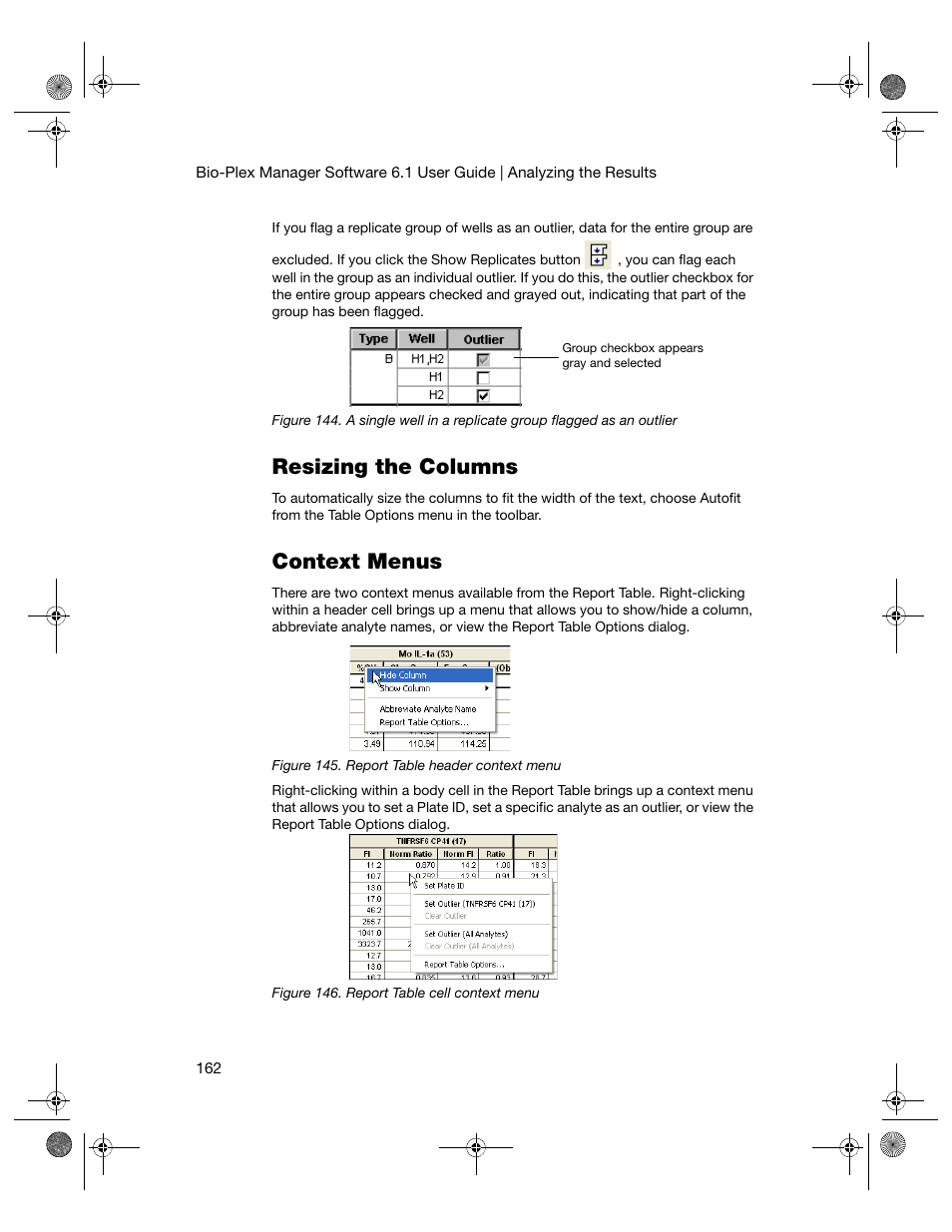 Resizing the columns, Context menus, Resizing the columns context menus | Bio-Rad Bio-Plex Software® Upgrades and Conversions User Manual | Page 174 / 260
